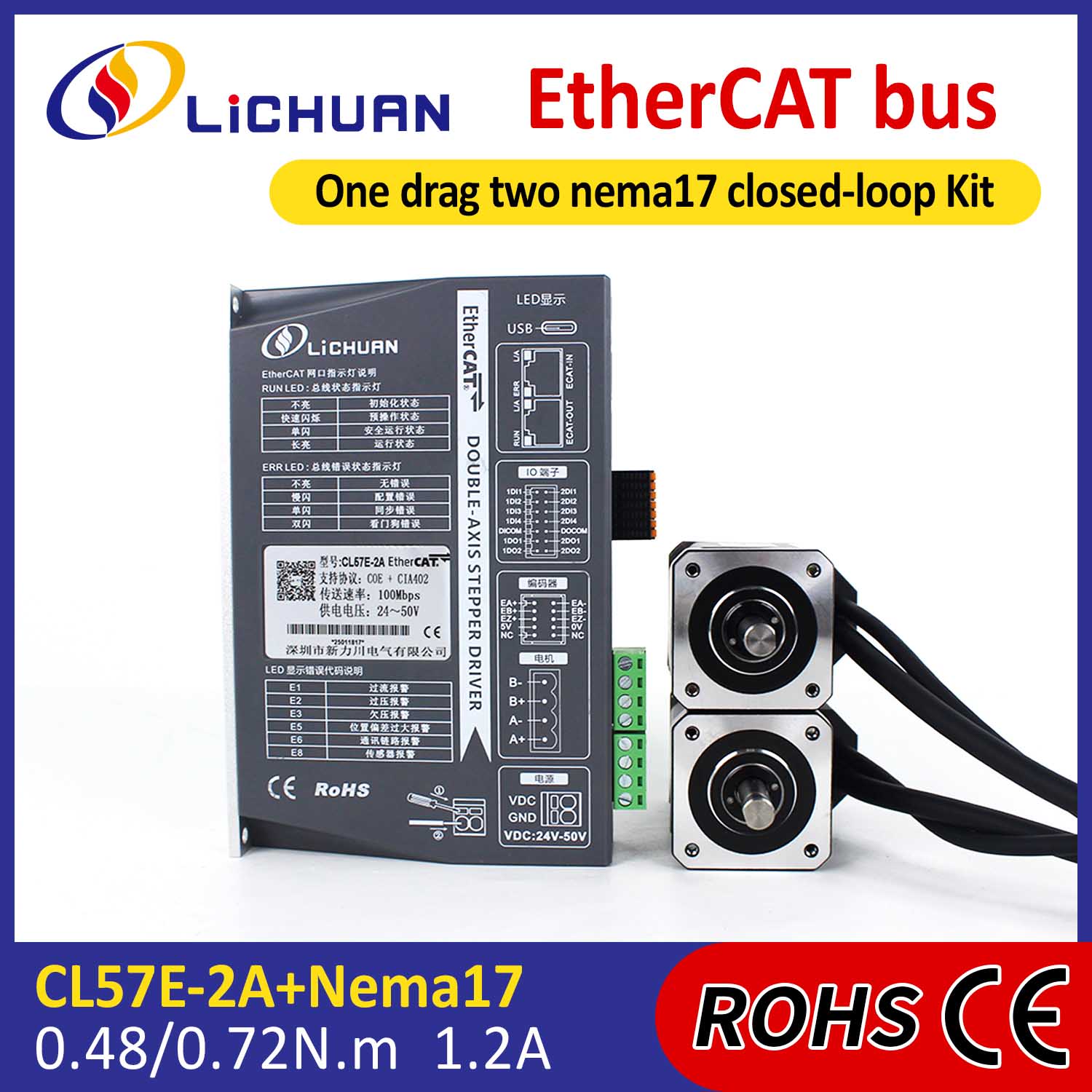 EtherCAT 2Phase Nema17 Bộ điều khiển động cơ bước vòng kín 2 trục DC