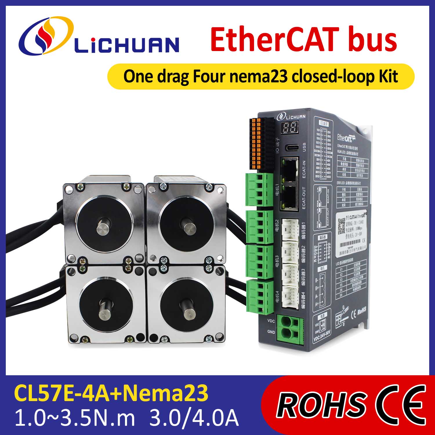 EtherCAT 2Phase Nema23 Bộ điều khiển động cơ bước vòng kín 4 trục DC