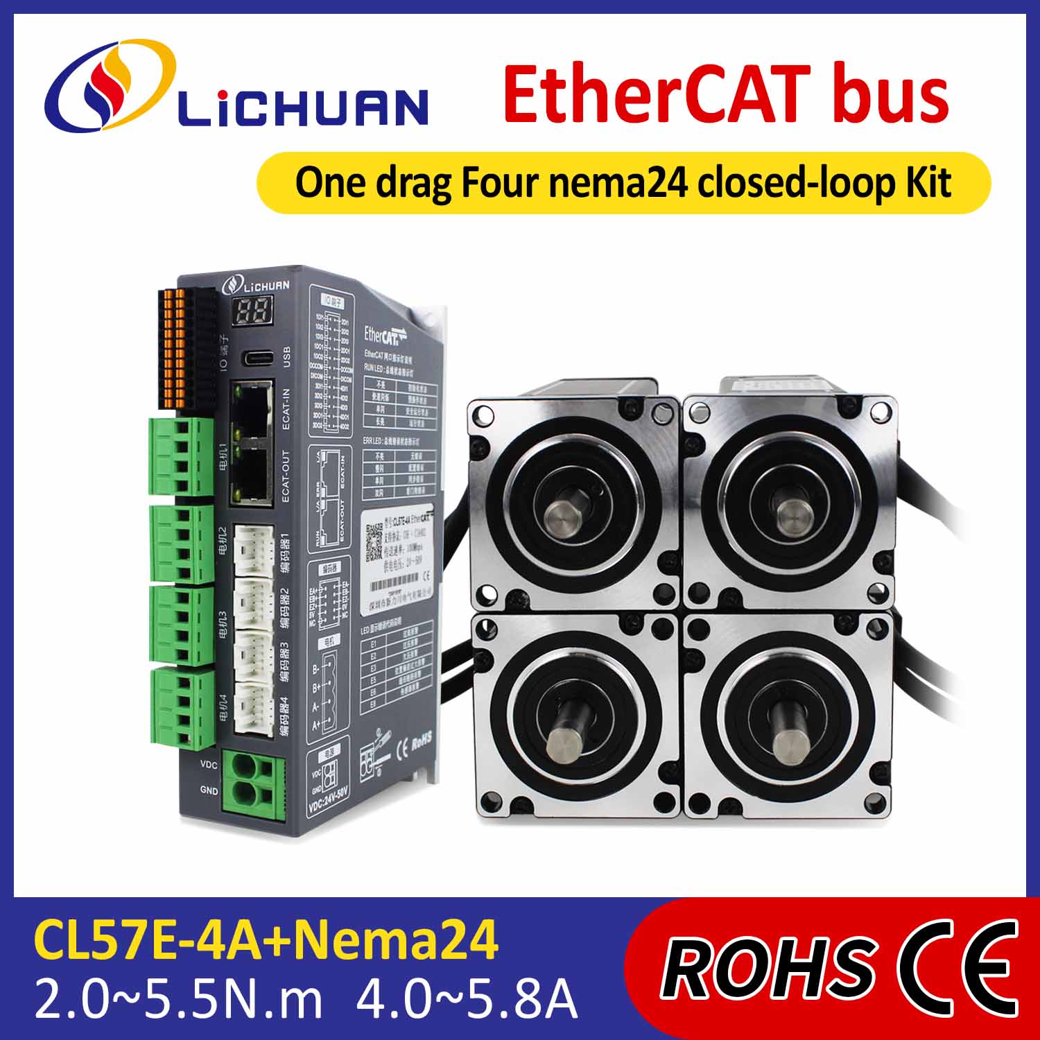 EtherCAT 2Phase Nema24 Bộ điều khiển động cơ bước vòng kín 4 trục DC