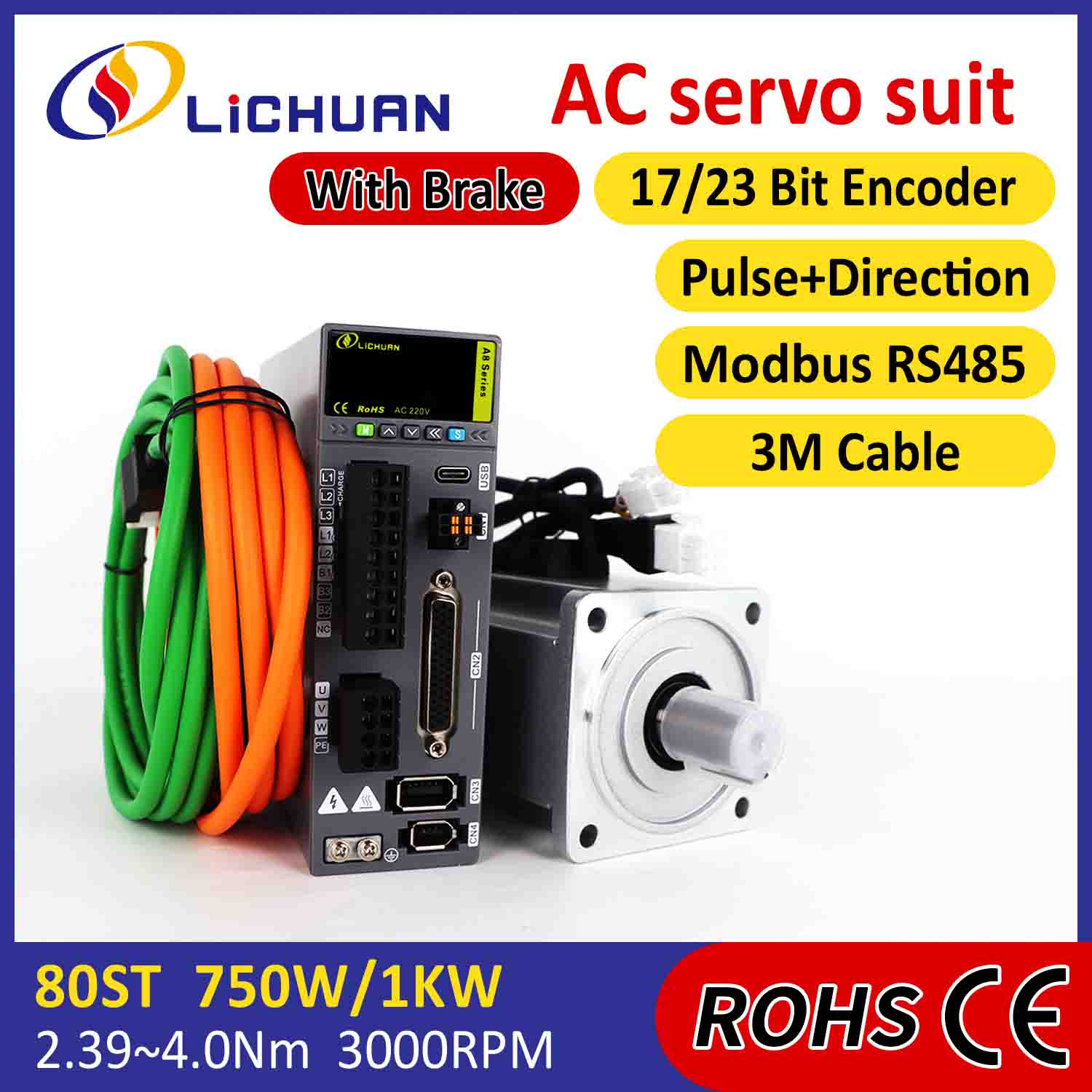 Bộ điều khiển động cơ servo Lichuan AC A8 Độ chính xác cao STO ABZ 1000W 1KW 3.2N.m 220V 5.8A 2500/3000RPM IP65