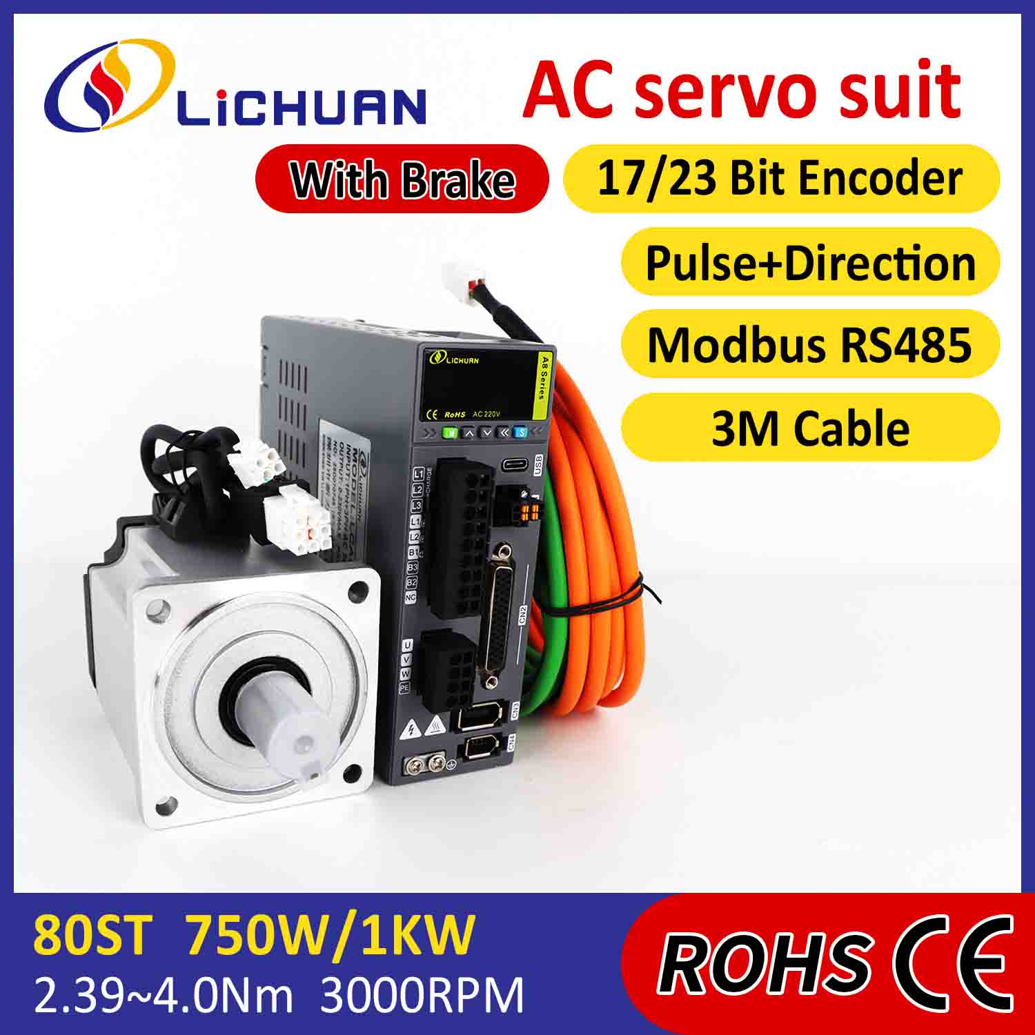 Bộ điều khiển động cơ servo Lichuan AC A8 Độ chính xác cao STO ABZ 1001W 1KW 4.0N.m 220V 4.6A 2500/3000RPM IP65