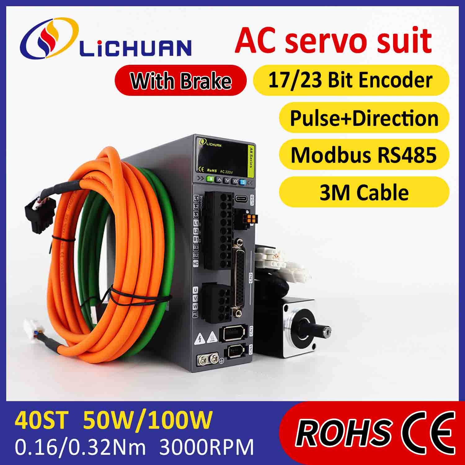 Bộ điều khiển động cơ servo Lichuan AC A8 Độ chính xác cao STO ABZ 100W 0,32N.m 220V 1.1A 3000RPM IP65