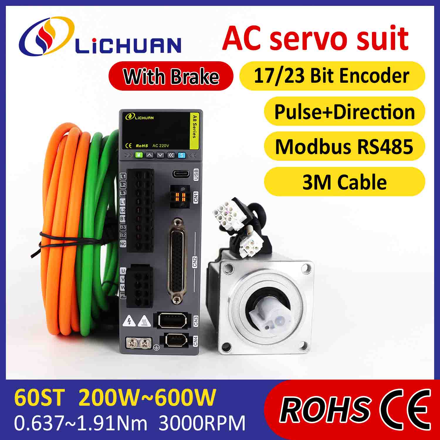 Bộ điều khiển động cơ servo Lichuan AC A8 Độ chính xác cao STO ABZ 200W 0.637N.m 220V 1.6A 3000RPM IP65
