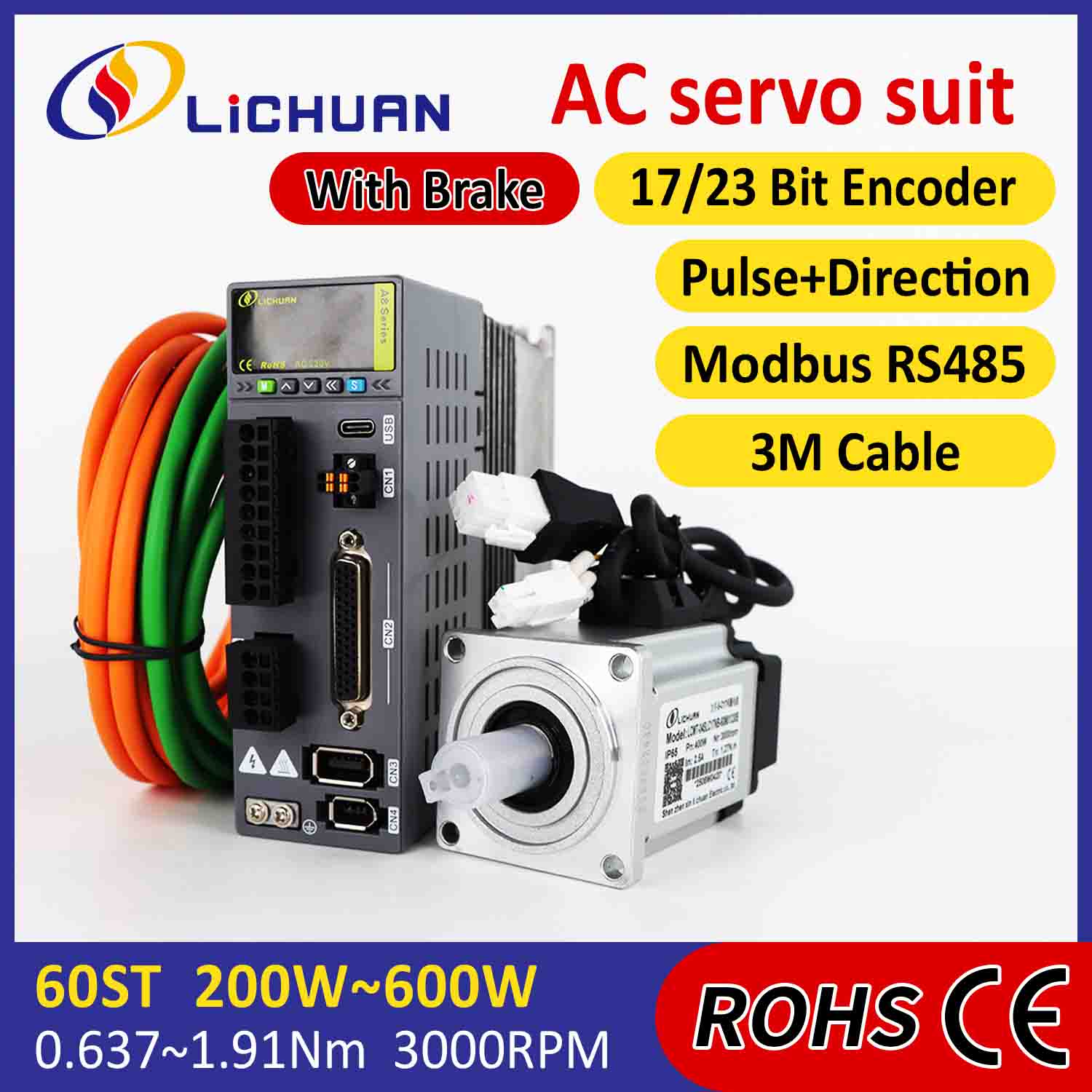 Bộ điều khiển động cơ servo Lichuan AC A8 Độ chính xác cao STO ABZ 400W 1.27N.m 220V 2.5A 3000RPM IP65