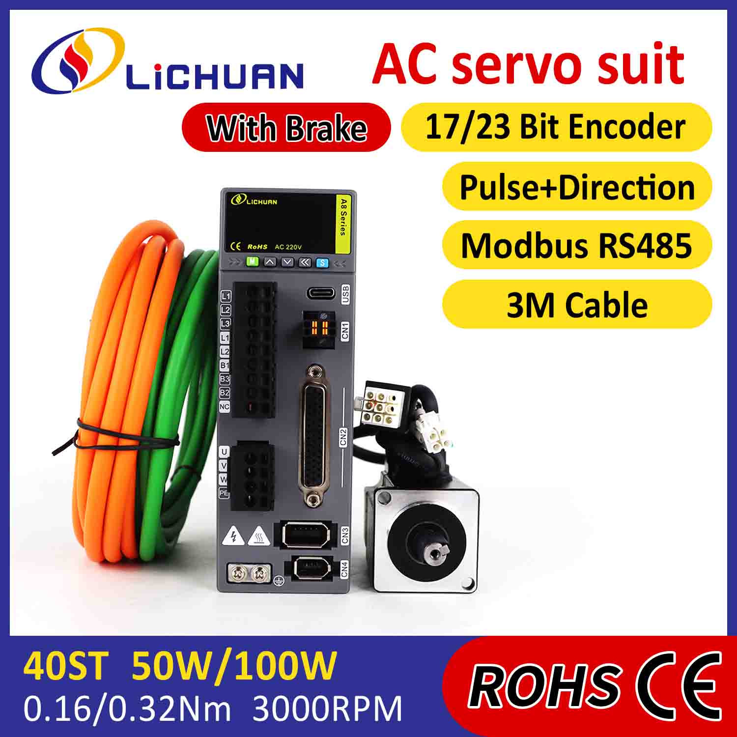 Bộ điều khiển động cơ servo Lichuan AC A8 Độ chính xác cao STO ABZ 50W 0.16N.m 220V 0.8A 3000RPM IP65