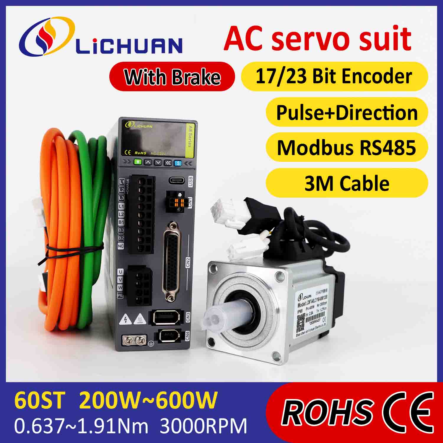 Bộ điều khiển động cơ servo Lichuan AC A8 Độ chính xác cao STO ABZ 600W 1.91N.m 220V 3.3A 3000RPM IP65