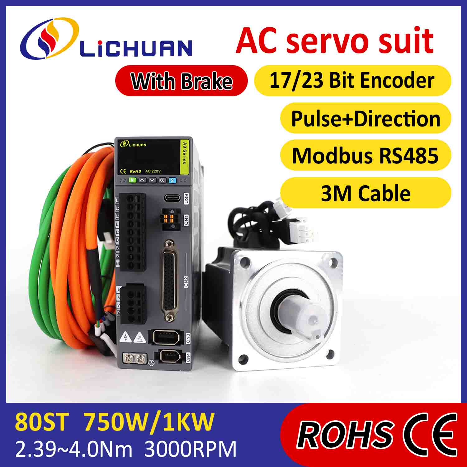 Bộ điều khiển động cơ servo Lichuan AC A8 Độ chính xác cao STO ABZ 750W 0,75KW 2,39N.m 220V 4,5A 2500/3000RPM IP65