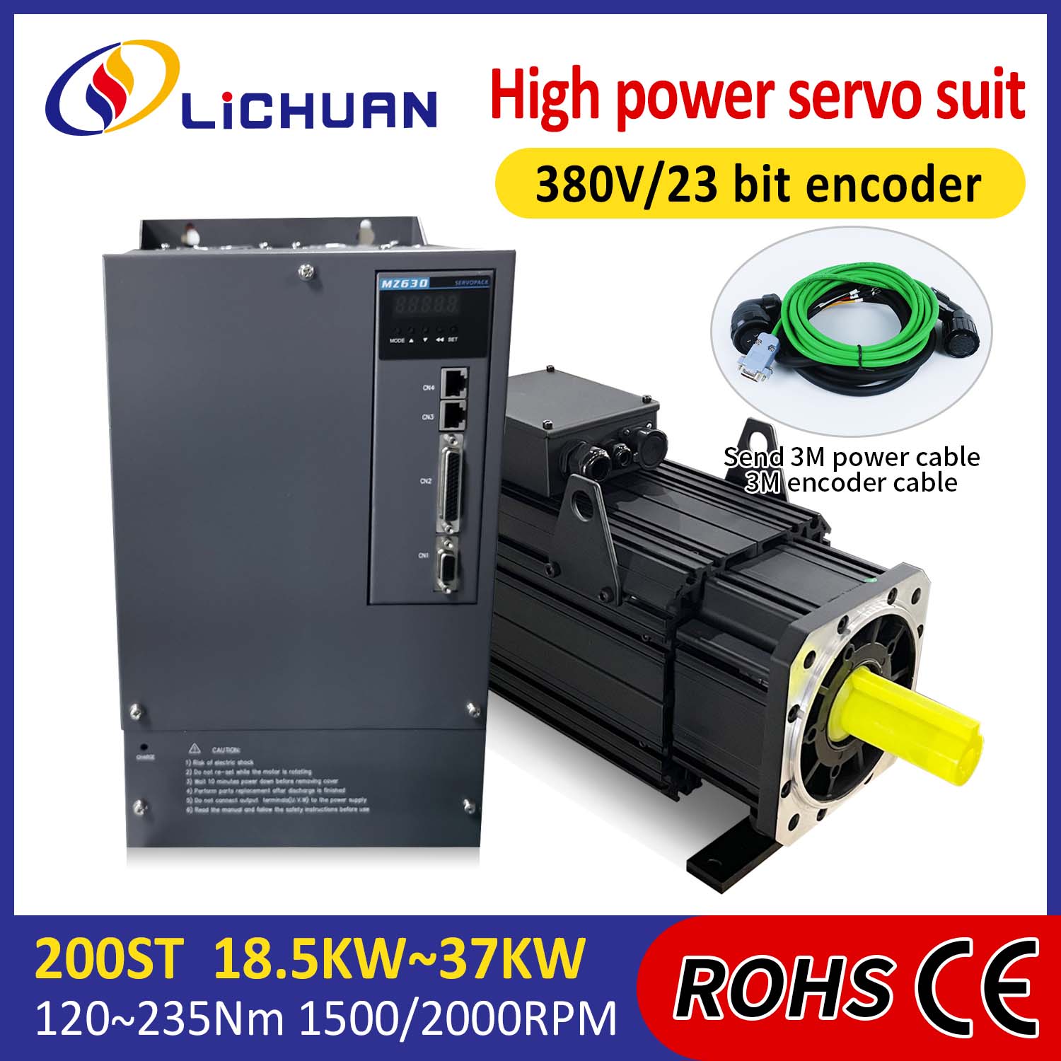 Bộ điều khiển động cơ servo Lichuan AC CÔNG SUẤT CAO 88N.m 18,5KW AC380V 31.6A 1500/2000RPM IP65
