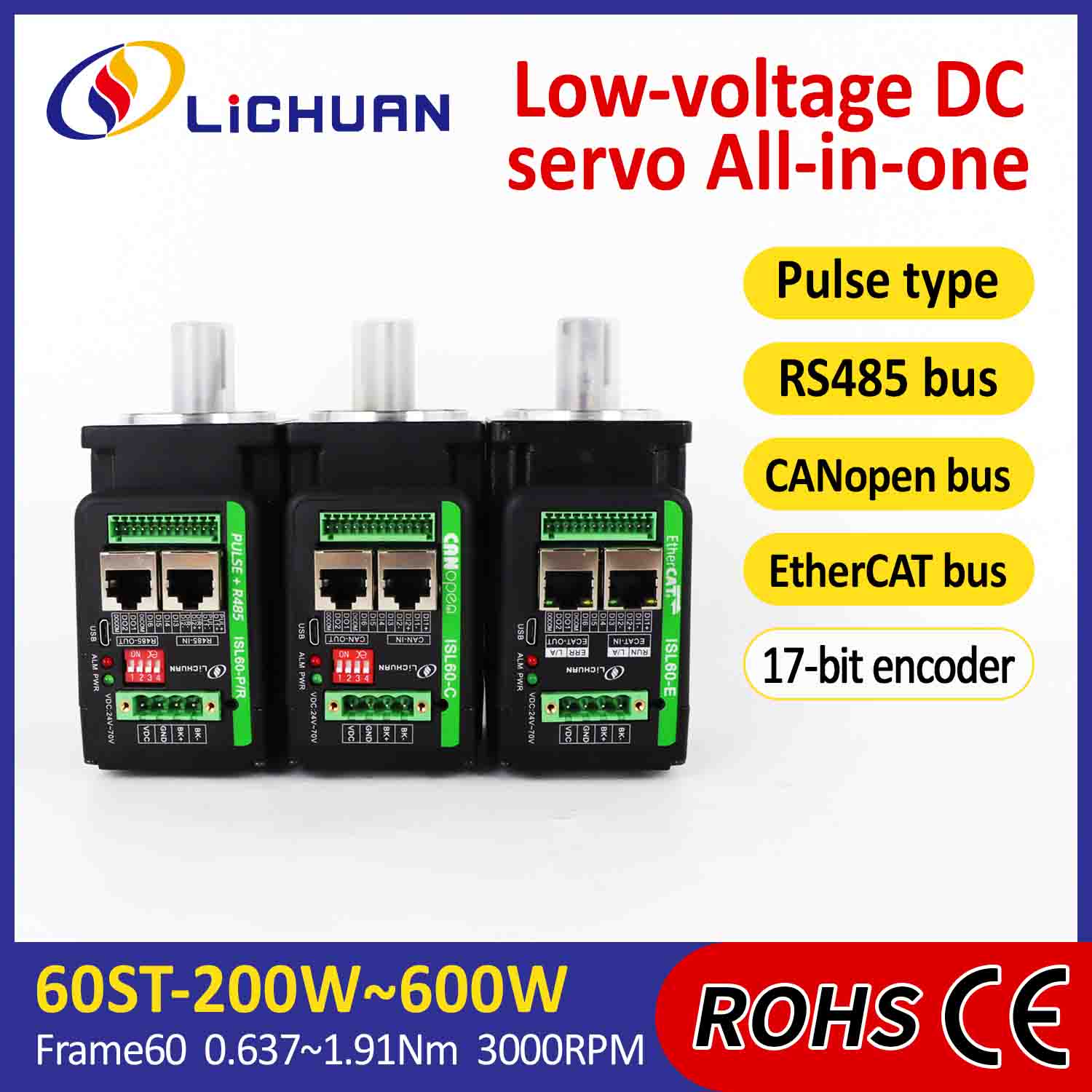 Trình điều khiển động cơ servo tích hợp Lichuan hình chữ L 200W 0,637N.m DC24/48V 6.0/10/12/15A 3000RPM IP65