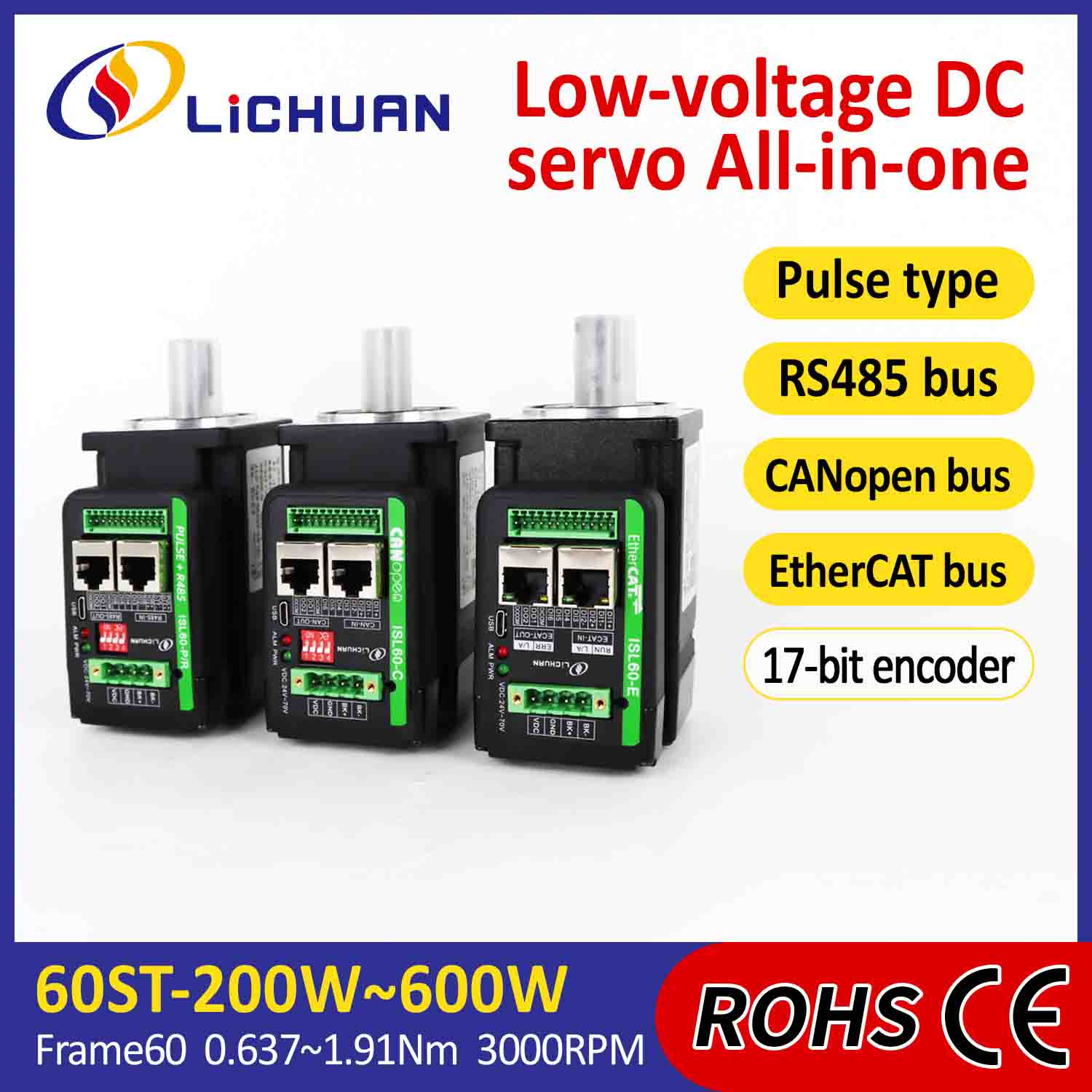 Trình điều khiển động cơ servo tích hợp Lichuan hình chữ L 400W 1.27N.m DC24/48V 6.0/10/12/15A 3000RPM IP65
