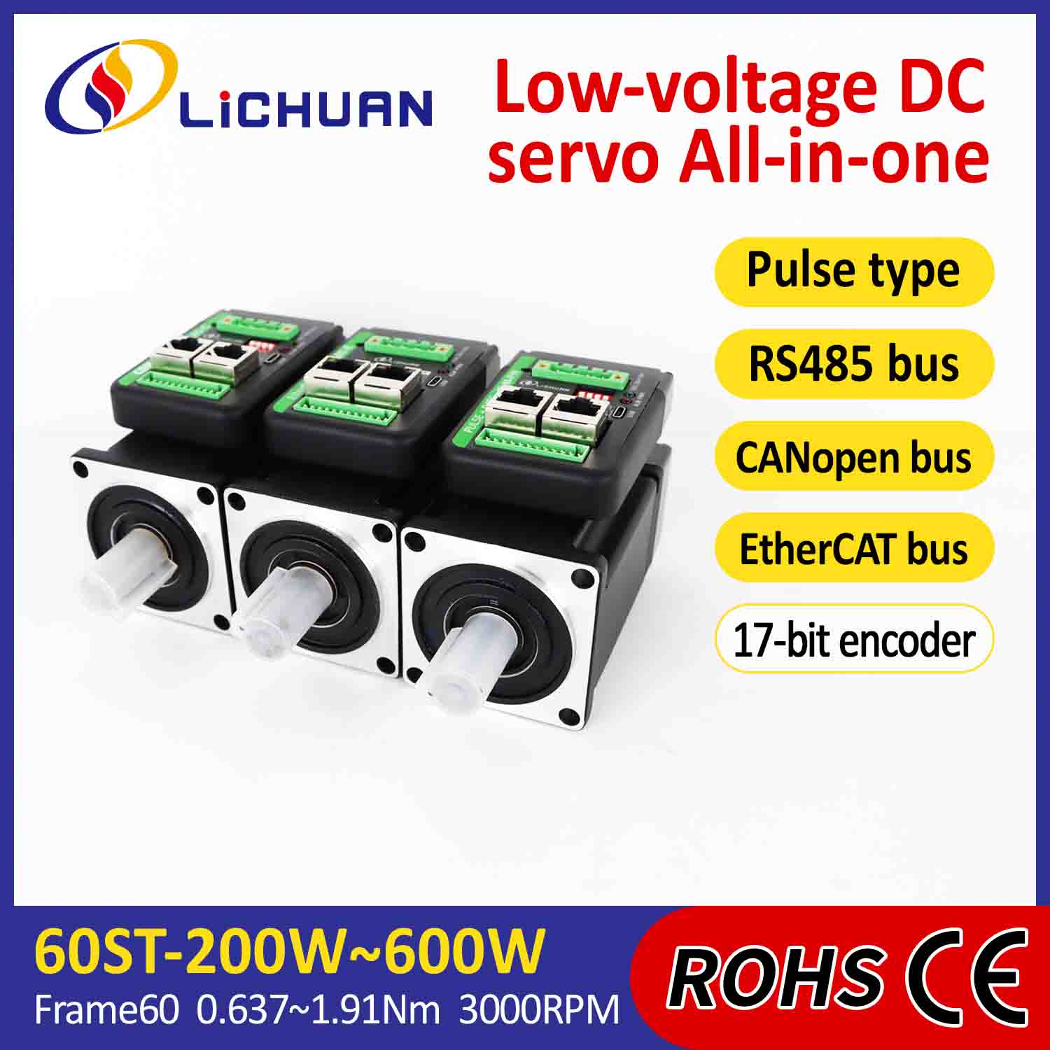Trình điều khiển động cơ servo tích hợp Lichuan hình chữ L 600W 1.91N.m DC24/48V 6.0/10/12/15A 3000RPM IP65