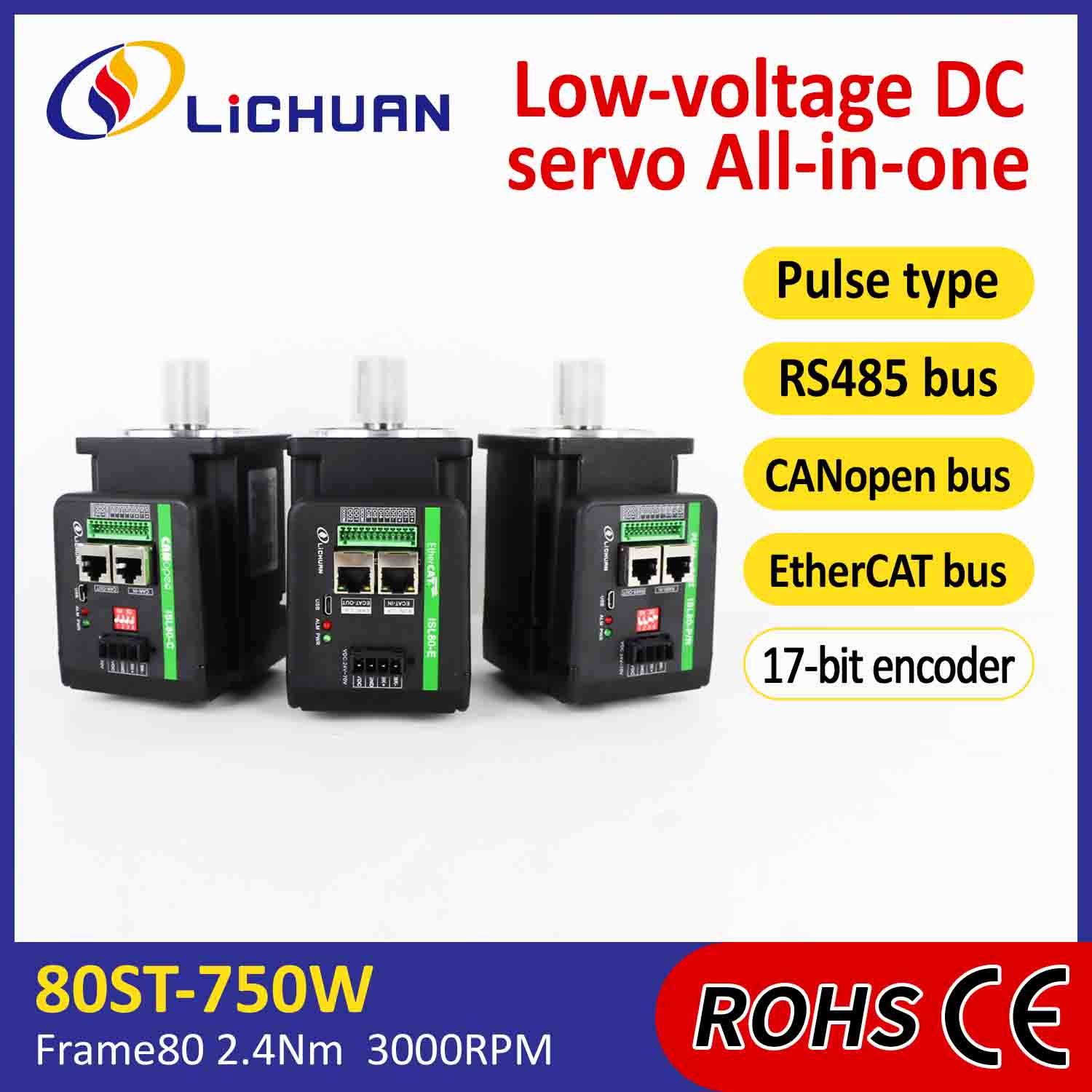 Trình điều khiển động cơ servo tích hợp Lichuan hình chữ L 750W 2.4N.m DC48V 20A 3000RPM IP65
