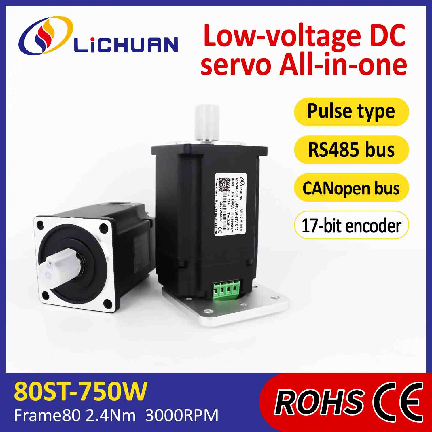 Bộ điều khiển động cơ servo tích hợp Lichuan Pulse/RS485/CANopen Control 1000W 3.2N.m DC48V 20/25A 3000RPM IP65