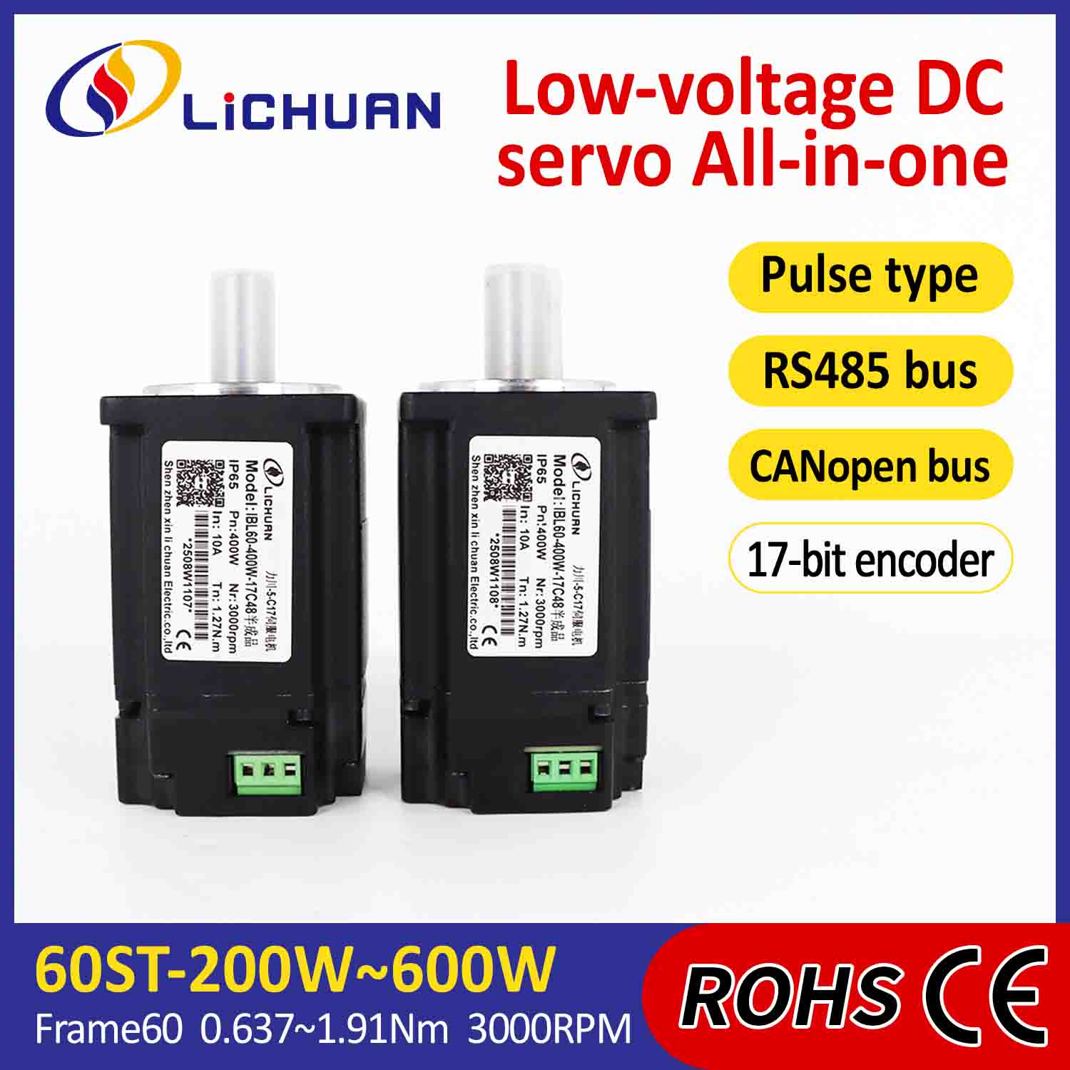 Trình điều khiển động cơ servo tích hợp Lichuan Xung/RS485/Điều khiển CANopen 200W 0.637N.m DC24/48V 6/10/12/15A 3000RPM IP65