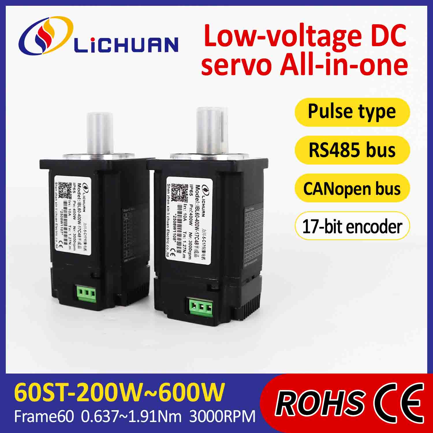 Trình điều khiển động cơ servo tích hợp Lichuan Pulse/RS485/CANopen Control 400W 1.27N.m DC24/48V 6/10/12/15A 3000RPM IP65
