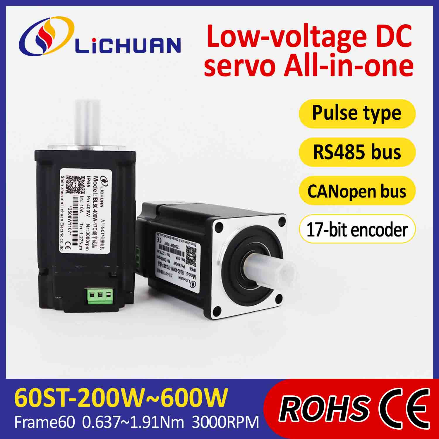 Trình điều khiển động cơ servo tích hợp Lichuan Pulse/RS485/CANopen Control 600W 1.91N.m DC24/48V 6/10/12/15A 3000RPM IP65