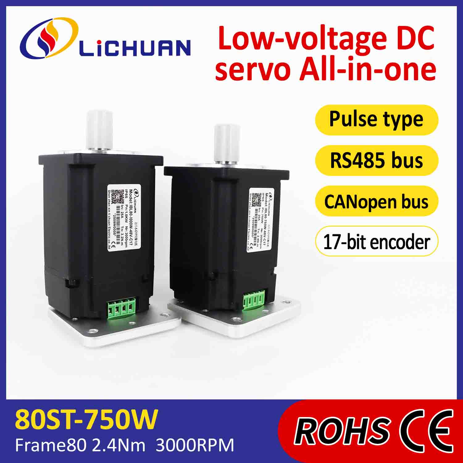 Bộ điều khiển động cơ servo tích hợp Lichuan Pulse/RS485/CANopen Control 750W 2.4N.m DC48V 20/25A 3000RPM IP65