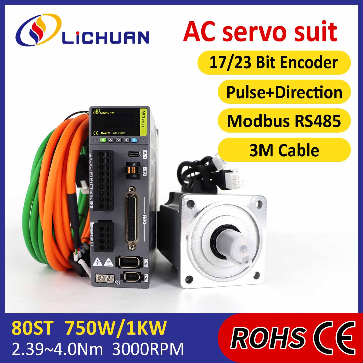 Pulse/RS485 750W/1000W/1001W 2500/3000RPM A8 Bộ điều khiển động cơ servo có độ chính xác cao STO ABZ AC